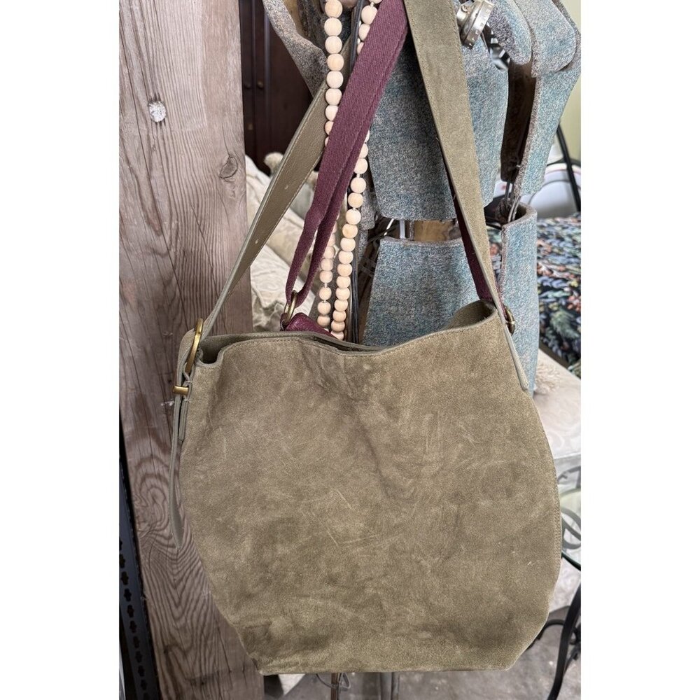 Essential bucket tote Olive Suede Shoulder Bag with‎ Adjustable Strap